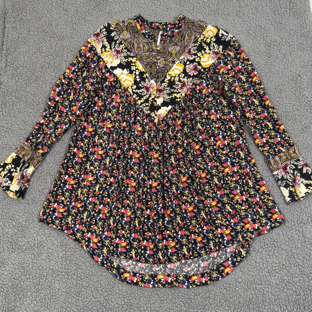 Free People Wildflower Fields Henley Boho Mixed Print Tunic Blouse Top Size S